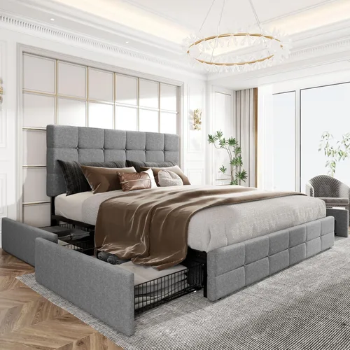 Vista 36 de HOOMIC Base de cama de almacenamiento de plataforma de tamaño matrimonial con 4 cajones y cabecera ajustable, listones de madera, no necesita