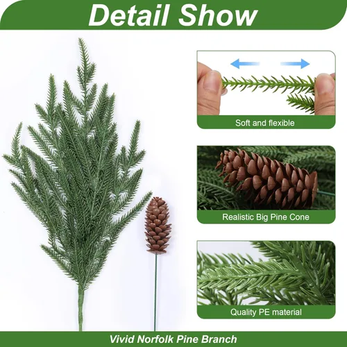 Vista 5 de florisso Ramas artificiales de pino Norfolk de Navidad para jarrones, 12 paquetes de ramas de pino sintético con 5 piezas de tallos de piña falsos