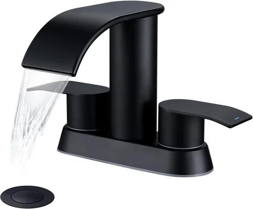 Ultimate Unicorn - Grifo estilo cascada para lavabo de baño, color negro mate, dos manijas con tapón metálico emergente de drenaje, 2 o 3 orificios,