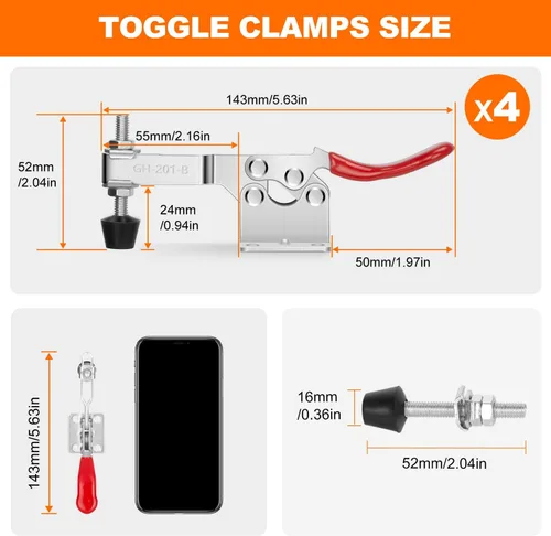 Vista 5 de Paquete de 4 abrazaderas de palanca, abrazadera de sujeción de 220 libras, capacidad de sujeción, abrazaderas horizontales de liberación rápida 201B