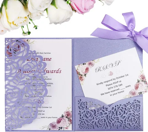 Vista 2 de ponatia 20 tarjetas de invitaciones de boda de 3 pliegues de 5 x 7 pulgadas con sobres y cintas para bodas, despedidas de soltera, compromiso