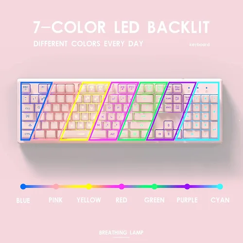 Vista 3 de Basaltech Teclado rosa con retroiluminación LED de 7 colores, 104 teclas silenciosas y silenciosas, teclado para juegos barato de 19 teclas