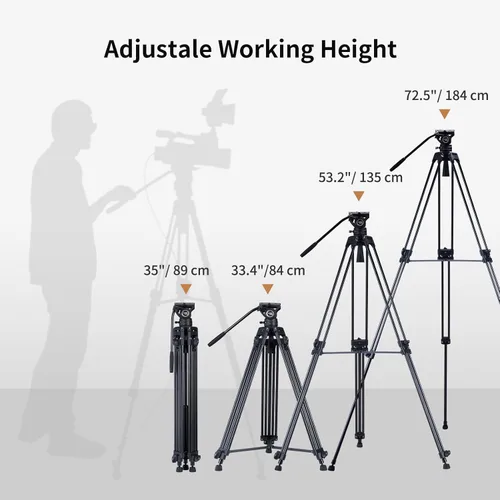 Vista 4 de Cayer BV30L Video Tripod System, 72" Heavy Duty Aluminum Twin Tube Tripod with K3 Fluid Head, 75mm Flat Base, Max Load 13.2lbs, for DSLR Cameras