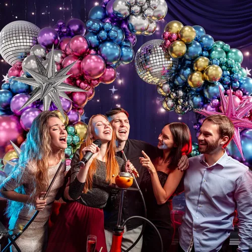 Vista 6 de FOTIOMRG Kit de arco de globos de discoteca de 135 piezas con globos de bola de discoteca, globos metálicos plateados, azul, verde, morado, rosa