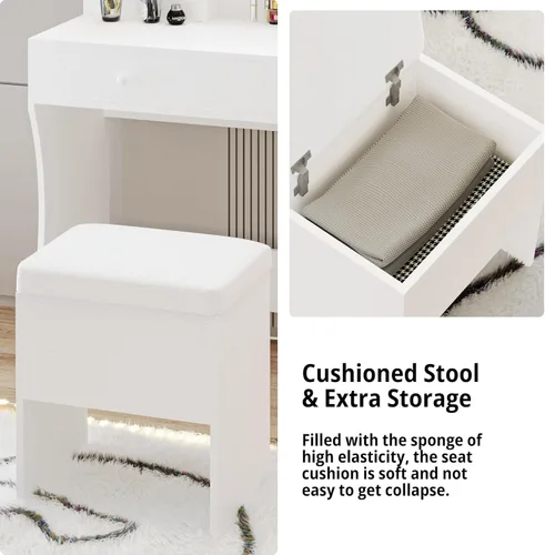 Vista 6 de LIKIMIO Escritorio de tocador con espejo iluminado LED, toma de corriente y 4 cajones, juego de mesa de maquillaje con taburete de almacenamiento