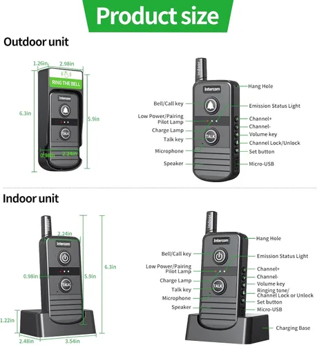 Vista 8 de Timbre de intercomunicador inalámbrico, intercomunicadores inalámbricos para el hogar de 4900 pies de largo alcance, timbre impermeable para Negro