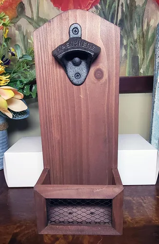 Vista 2 de Generic Abrebotellas vintage de madera montado en la pared - Colector de tapas de botella incluido, mediano, vaquero 1