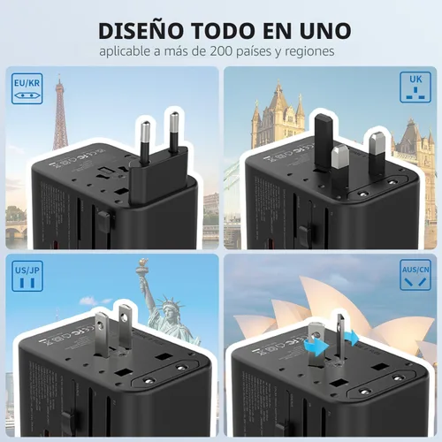 Vista 4 de EPICKA Adaptador de viaje universal, adaptador de enchufe internacional GaN con 3 USB-C de carga rápida PD de 70W y 2 USB-A todo en uno cargador