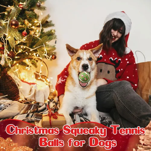 Vista 6 de Civaner 6 piezas pelotas de tenis chirriantes de Navidad para perros de 2.5 pulgadas, juguetes para perros a granel para perros pequeños, medianos