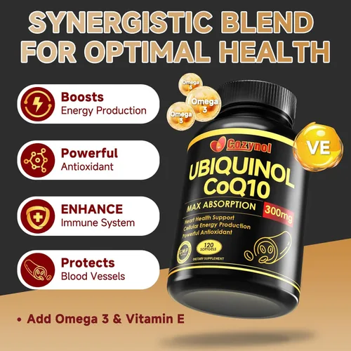 Vista 4 de Ubiquinol CoQ10 - 300 mg - Cápsulas de gel con vitamina E y Omega 3, suplemento de coenzima Q10 de alta absorción para la salud del corazón