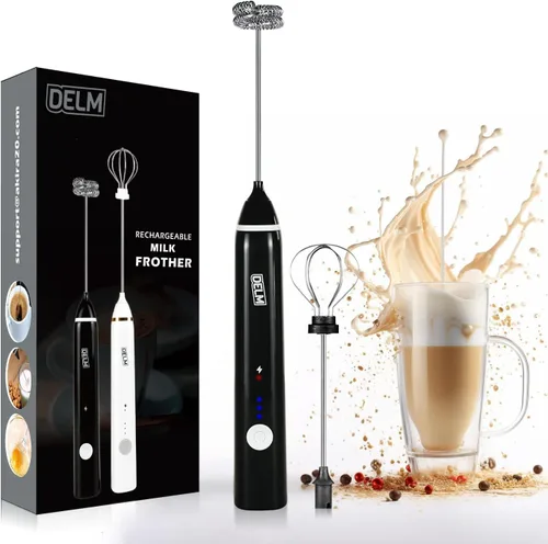 Delm Espumador de leche eléctrico USB de acero inoxidable, espumador para lattes, espumador de leche de mano para capuchino, frappé, matcha, Negro