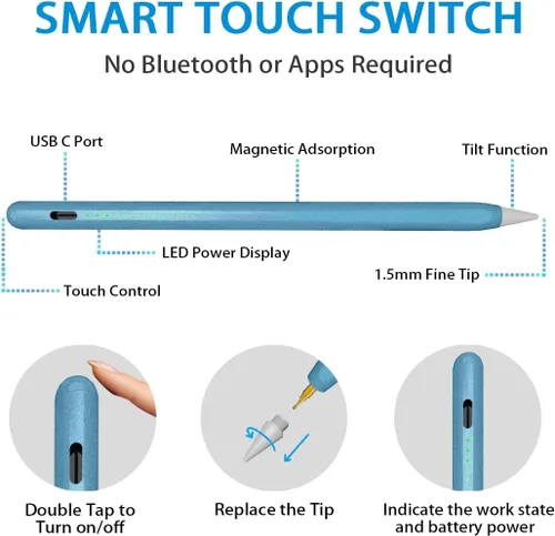 Vista 4 de Lápiz para iPad de 2ª generación con rechazo de palma y lápiz Apple Pen sensible a la inclinación, compatible con iPad 10/9/8/7/6ª iPad Pro de Cian