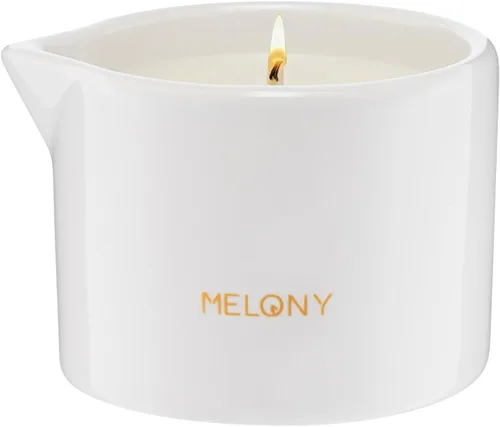 MELONY Vela de masaje | Suavizante suave para piel nutrida, hidratada y equilibrada (vainilla ámbar 130 g / 4.5 oz)