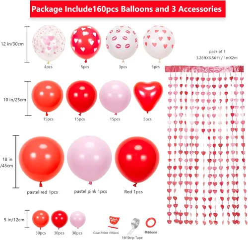 Vista 2 de Kit de guirnalda de arco de globos de San Valentín, 160 unidades, diseño de corazón rojo y rosa, 3.2 x 6 pies, telón de fondo para el día