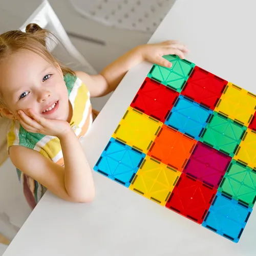 Vista 6 de FNJO Azulejos magnéticos, juego de construcción de 52 piezas, bloques de construcción magnéticos, juguetes STEM de construcción para niños