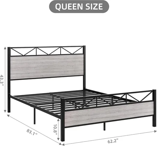 Vista 14 de Senfot Base de cama de tamaño matrimonial con cabecera y estribo de madera rústica, plataforma de metal, soporte de listones de acero resistente,