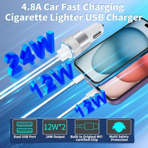 Vista 30 de [Apple MFi Certified] iPhone Fast Car Charger, Rombica 52.5W USB-C PD&QC3.0 Car Power Cigarette Lighter USB Charger Adapter with 2Pack Lightning