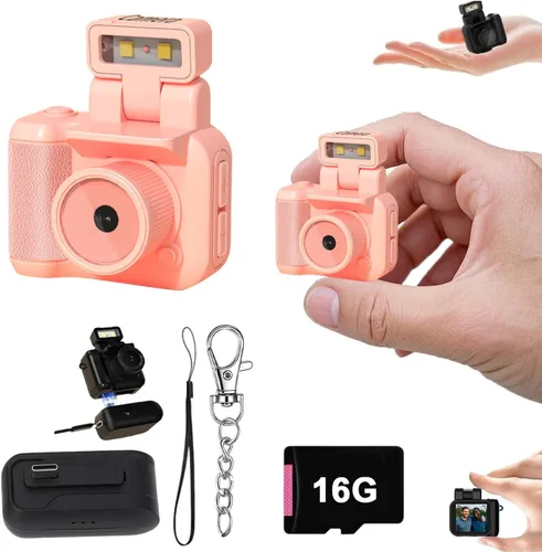 Vista 19 de cámara retro instantánea, mini cámara nostálgica vintage, 1080p HD con luz LED (Rosa, sin tarjeta de memoria)