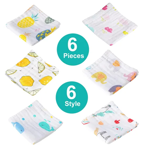 Vista 5 de NTBAY Paquete de 6 paños de muselina para bebé, 6 capas de algodón natural para recién nacido, con diseño estampado de animales, toallitas