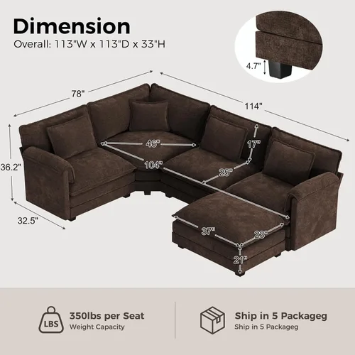 Vista 2 de ELUCHANG Sofá modular en forma de V de 114 pulgadas, sofá modular modular con almohadas de tiro, 5 asientos con esquina cómodo sofá profundo Marrón