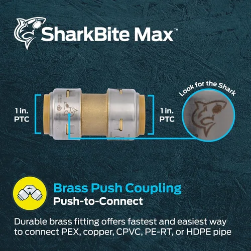 Vista 2 de SharkBite Max Acoplamiento de 1 Pulgada, Accesorio de Plomería de Latón de Conexión a Presión, Tubería PEX, Cobre, CPVC, PE-RT, HDPE, UR020A
