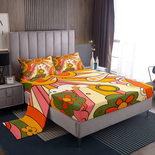 Vista 7 de Juego de ropa de cama floral bohemio de otoño Twin, juego de sábanas retro groovy flower power, sábanas de cama boho eyes hippie para adolescentes