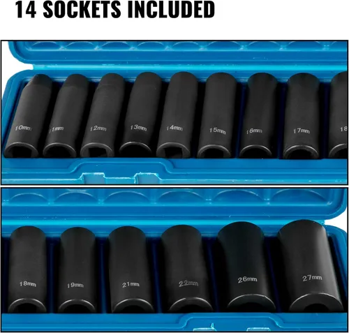 Vista 6 de VEVOR Juego de dados de impacto de 12 pulgada, 14 piezas, enchufe profundo, enchufes de 6 puntos, construcción resistente, Cr-V, juego de llaves