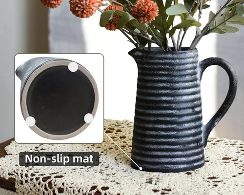 Vista 4 de Quoowiit - Jarrón rústico de cerámica con asa, jarrón de pitero de granja decorativo negro con aspecto desgastado para decoración del hogar, sala