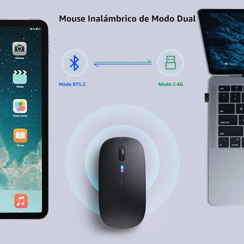Vista 4 de KANMABPC Mouse inalámbrico Bluetooth – Recargable, silencioso, modo dual (Bluetooth 5.2 y USB) con luces LED – Portátil para laptop, escritorio