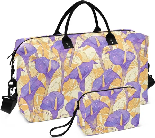 Chic Purple Calla Lily Yellow Background Vintage Decorative Travel Duffel Bag Sport Training Bag with Toiletry Bag for Travel Multifunctional bolso
