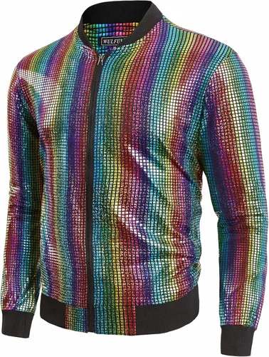 Vista 3 de WULFUL Men's 70s Disco Costume Party Sequin Metallic Varsity Bomber Jacket