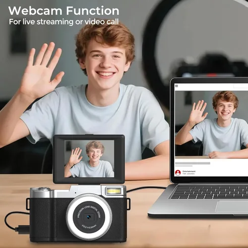 Vista 5 de Cámara digital 4K para fotografía de 64 MP cámara de vlogging para YouTube con punto de pantalla abatible y cámara de disparo para adolescentes