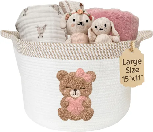 Vista 8 de Cesta de almacenamiento de conejo para guardería, cubo grande de cuerda de algodón de 15 x 11 pulgadas con parche bordado suave de conejo
