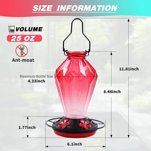 Vista 4 de Comedero de colibrí de vidrio para exteriores colgante, comedero de néctar de colibrí de 25 onzas, percha, 5 puertos de alimentación