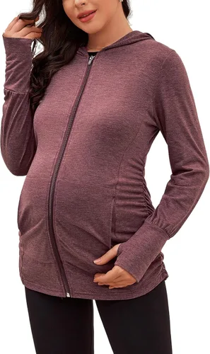 DEBELLY Sudaderas de maternidad de manga larga con cremallera completa, casual, para embarazo, chaqueta con bolsillos, agujero para el pulgar,