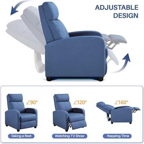 Vista 5 de Yaheetech Asiento de cine en casa Silla reclinable de tela moderna individual sala de estar sofá reclinable con bolsillo, resorte azul claro