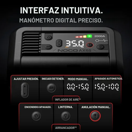 Vista 6 de NOCO Boost+Air AX65: Arrancador de 2000A con compresor de aire e inflador de neumáticos – Arranca motores de 8.0L de gasolina y 6.0L diésel – Flujo
