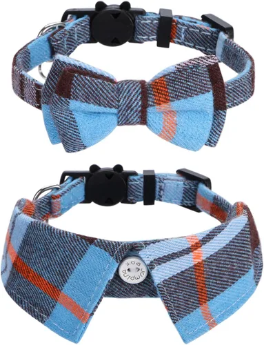 Vista 10 de Faleela Juego de 2 collares de gato con corbata de moño y campana, collar de camisa a cuadros para gatito ajustable de seguridad 2023new-Beige