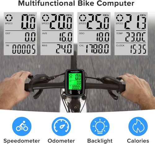 Vista 6 de Computadora de bicicleta y odómetro de bicicleta con cable MPH KM/H Velocímetro de bicicleta con despertador automático de velocidad de ciclismo