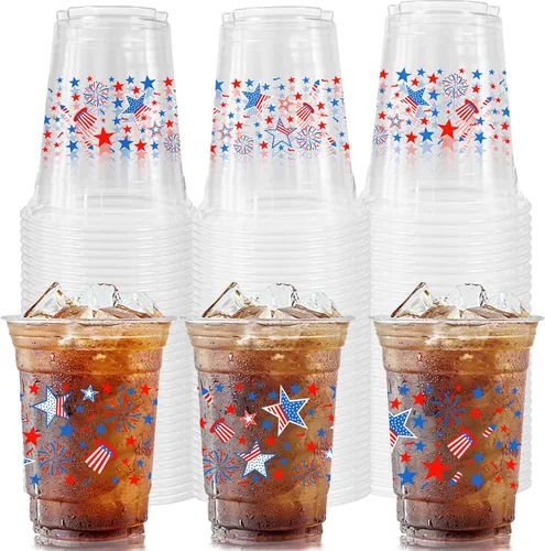 CIEOVO 50 unidades de vasos de fiesta del 4 de julio, vasos de fiesta desechables de plástico transparente patrióticos de 12 onzas, rojo, blanco y