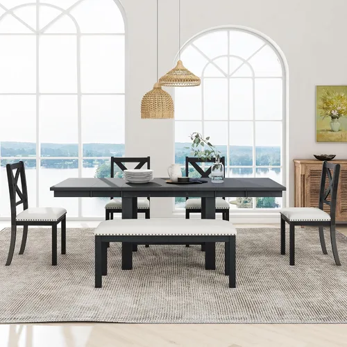 Vista 6 de RuiSiSi 6 Piece Solid Wood Dining Table Set, Farmhouse Extendable Kitchen Table with a Bench and 4 Padded Chairs, 4-6 Dining Table Set with Bench