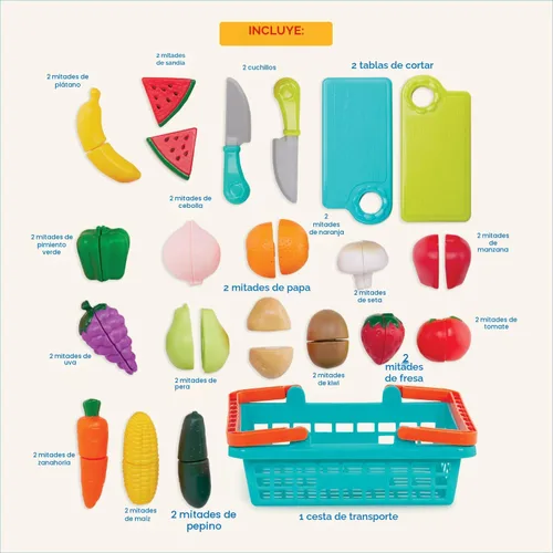 Vista 5 de Battat – Comida de Juguete para Niños Pequeños con Cesta de Mercado de Granjeros y Tabla de Corte, Comida de Juguete para Cocina Infantil y Juego