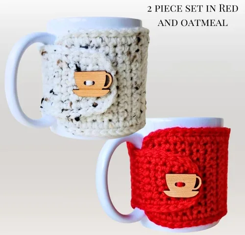 Vista 2 de Taza acogedora con taza de madera y botón de platillo (rojo y avena)