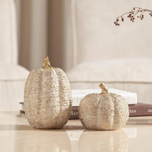 Vista 4 de DN DECONATION Decoración de calabaza de otoño, centros de mesa, 2 piezas de figuras de calabazas artificiales blancas y doradas para otoño, cosecha