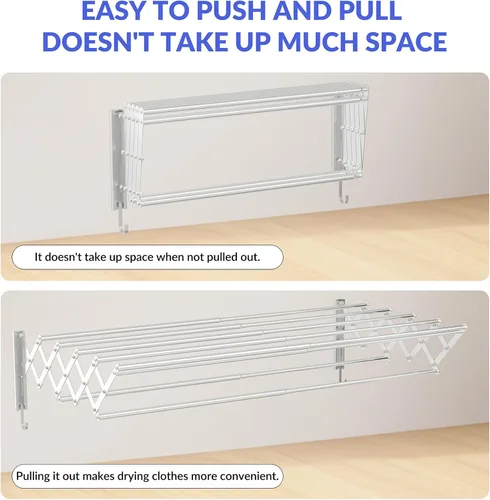 Vista 6 de Escurridor de ropa montado en la pared con ganchos - Estante de secado de ropa plegable y extraíble, extensible de 21 a 39.4 pulgadas, estante