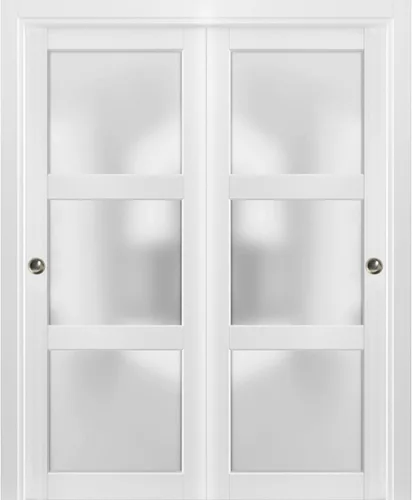 Armario corredizo de vidrio esmerilado 3 Lites Puertas de derivación de 84 x 84 pulgadas | Lucia 2552 blanco mate | Juego de molduras de rieles de