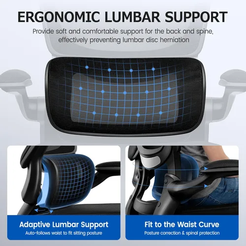 Vista 4 de Silla de oficina ergonómica, silla de escritorio ergonómica de malla transpirable con soporte lumbar, reposabrazos abatibles, sillas de computadora