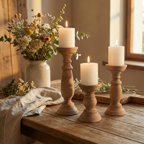 Vista 2 de Juego de 3 portavelas de pilar de madera rústica de 12, 9 y 6 pulgadas, soporte de velas de madera estilo granja para centros de mesa, candelabros