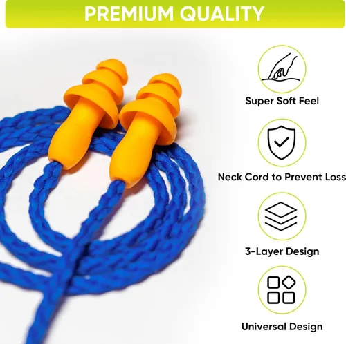 Vista 5 de TICONN 12 pares de tapones para los oídos reutilizables de silicona para dormir con cancelación de ruido, tapones con cable de 25dB NRR