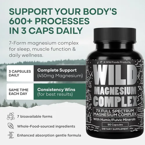 Vista 4 de Wild Foods Suplemento Complejo de Magnesio con 7 Formas, 90 Cápsulas Alta Absorción, Espectro Completo, Fácil Digestión 500mg Glicinato